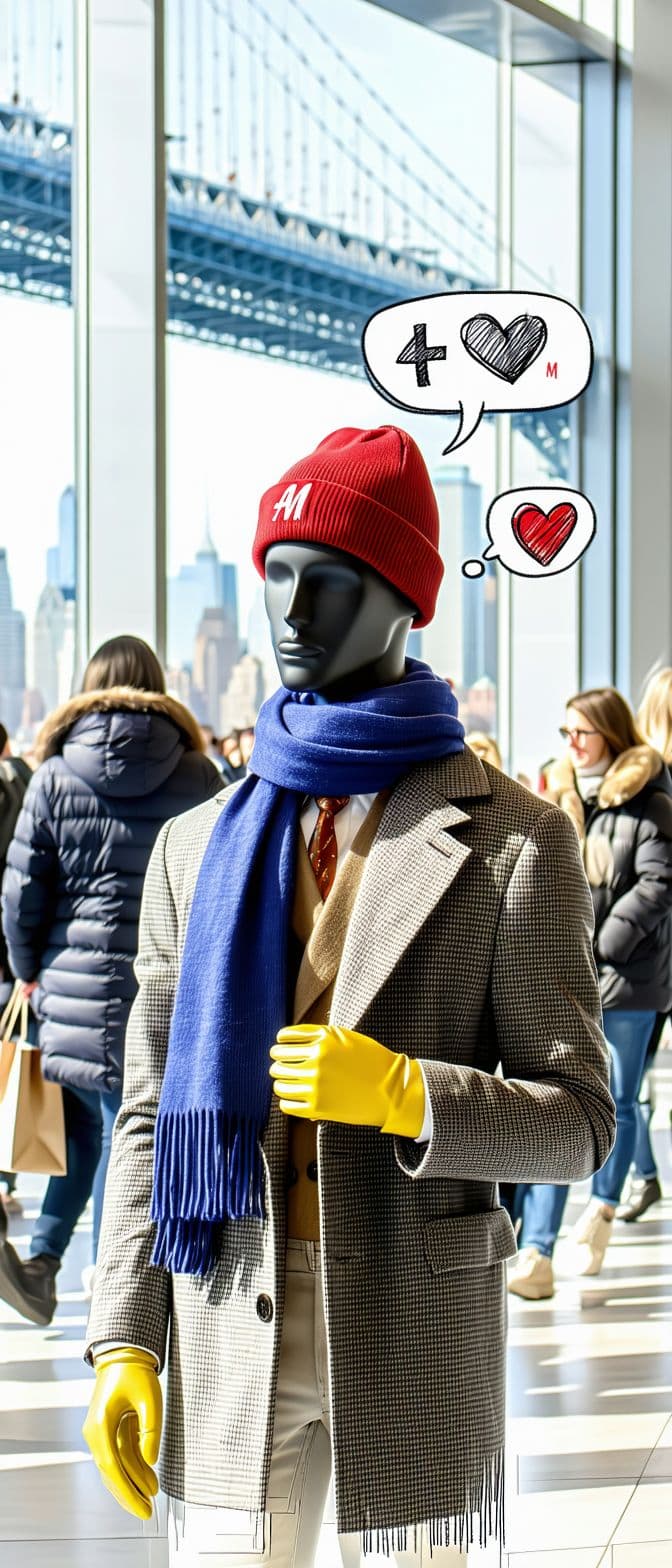 AI generated: A sunny winter morning in a New York department store with the Brooklyn Bridge visible through windo...