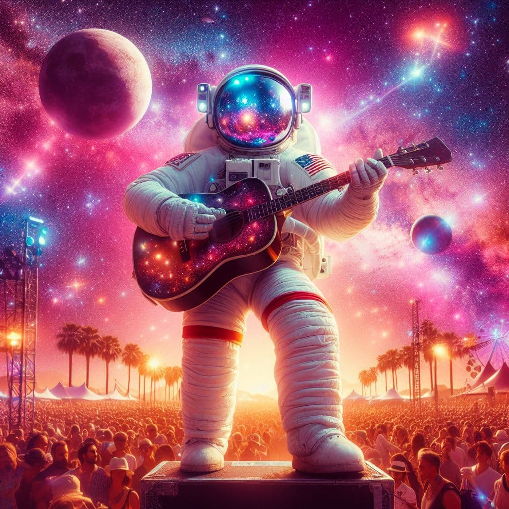 AI generated: Create an awe-inspiring scene of an astronaut serenading the cosmos with a guitar performance at Coa...