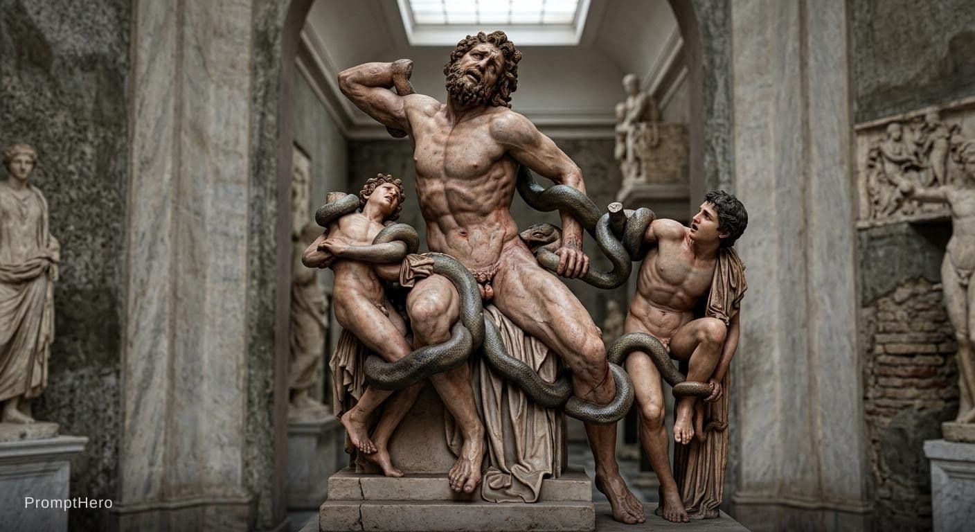 AI generated: Make a hyper realistic 8d colorized version of the statue of laocoon from the Vatican using natural ...