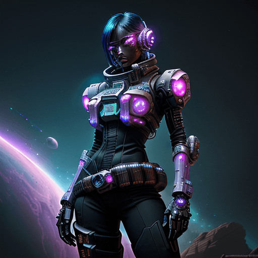 AI generated: space cowboy| futuristic western| detailed space bounty hunter attire| plasma revolver| cybernetic e...