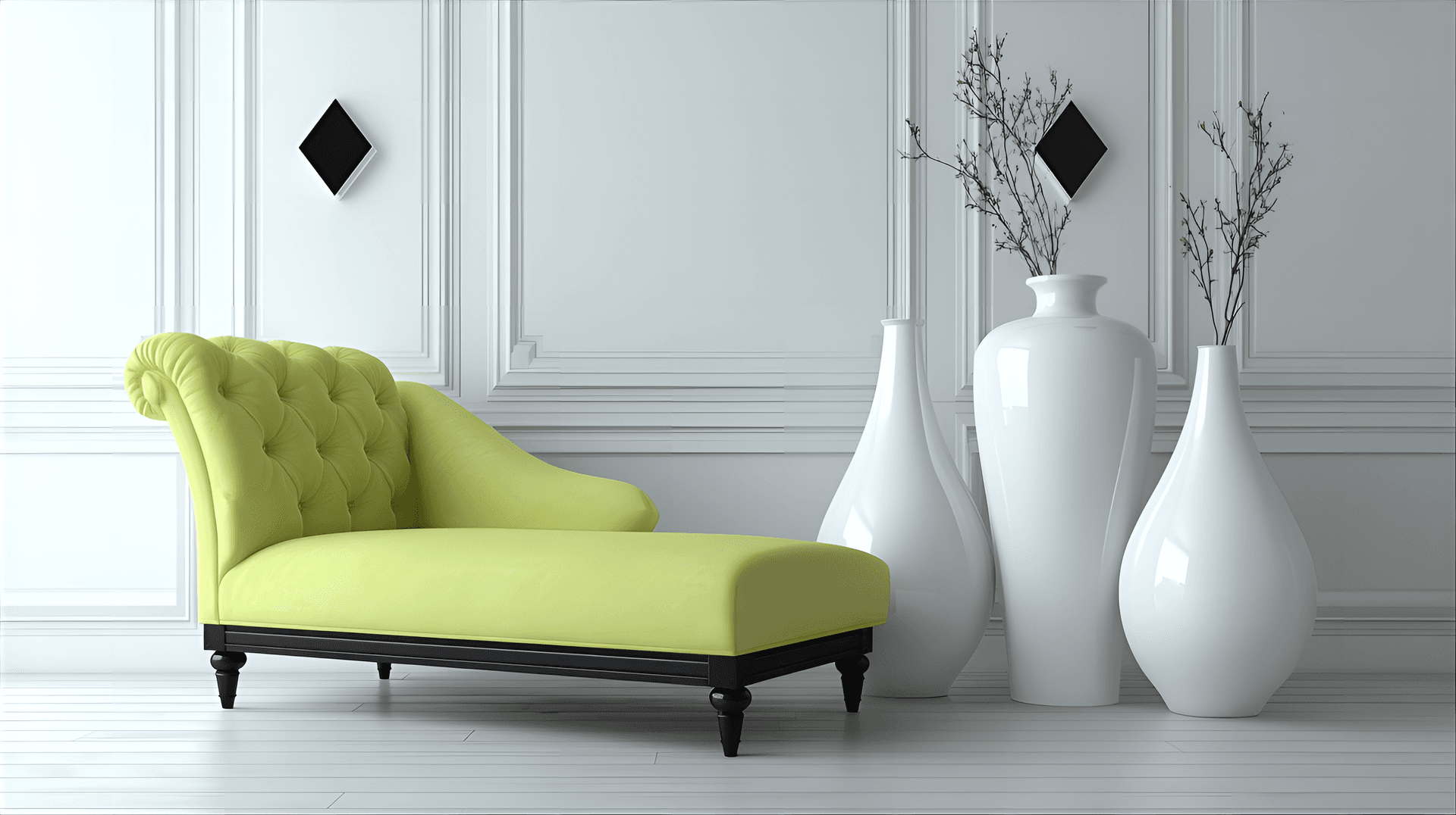 AI generated: Modern minimalist interior, bright and empty room with a lime green chaise lounge, three white vases...