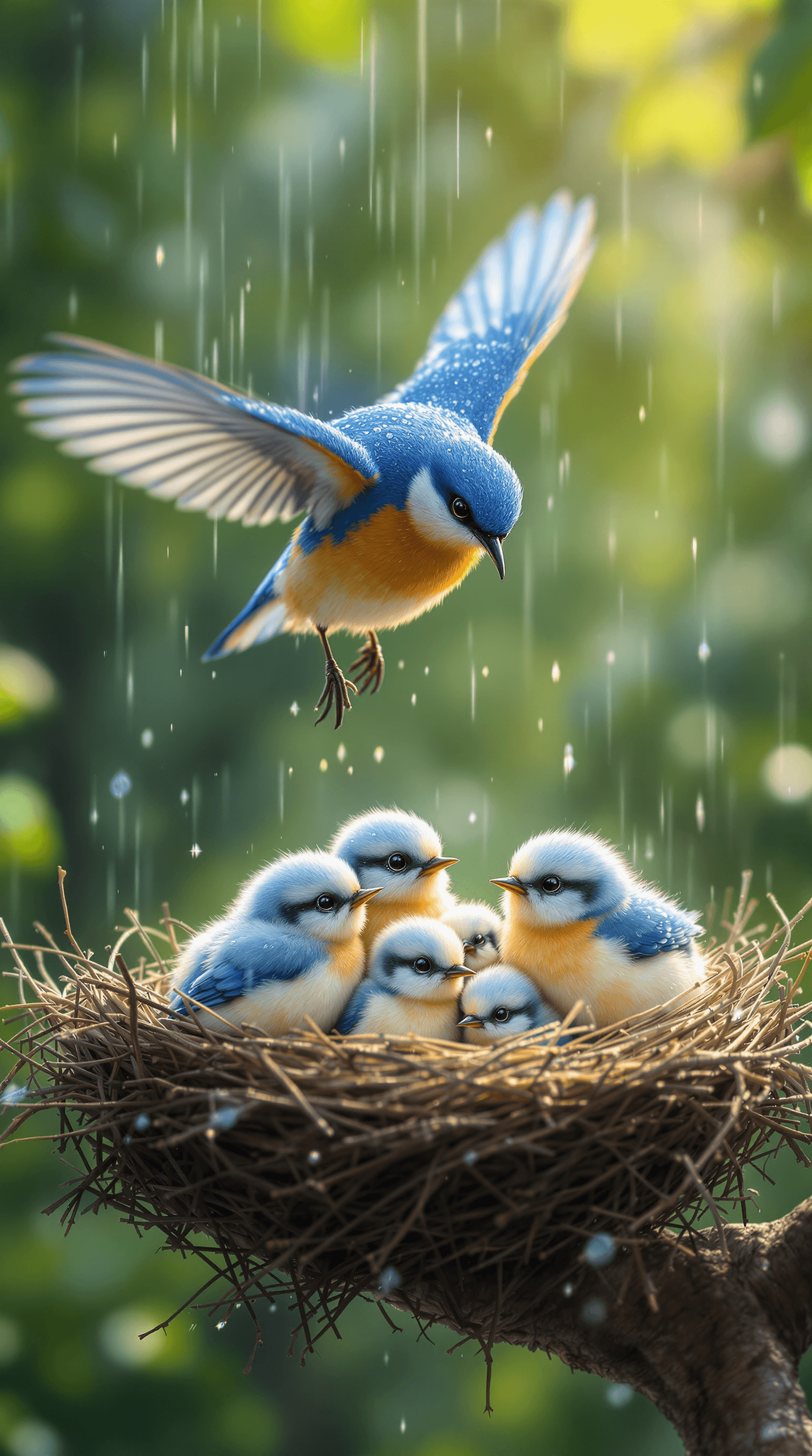 AI generated: a photorealistic and heartwarming depiction of a vibrant family of bluebirds in a serene natural set...