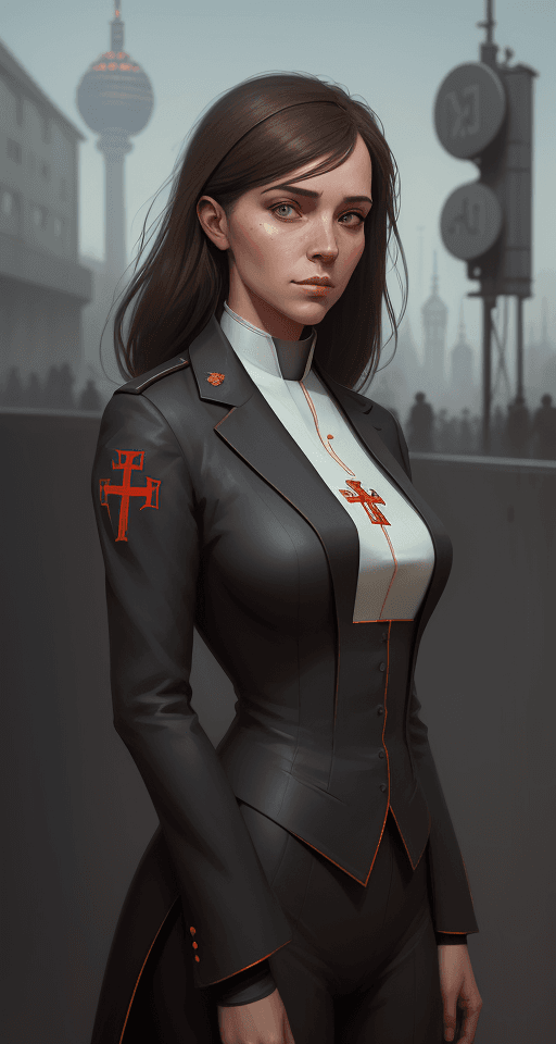 AI generated: a portrait of woman, wearing a a priest's suit, Berlin Wall background,
concept art by Mandy Jurgens...