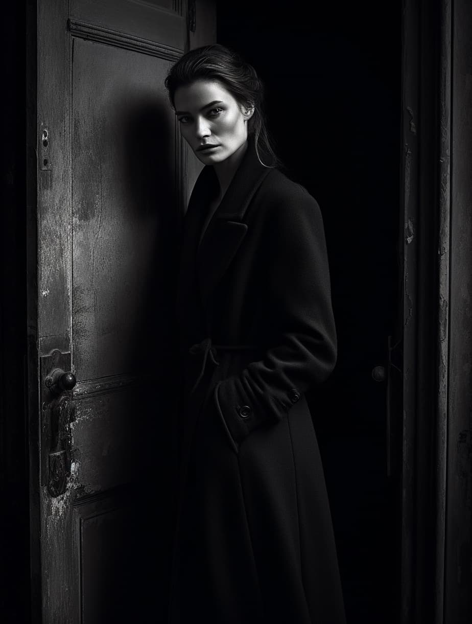 AI generated: fashion editorial photo of a slavic long hair supermodel model in black long coat standing in the do...