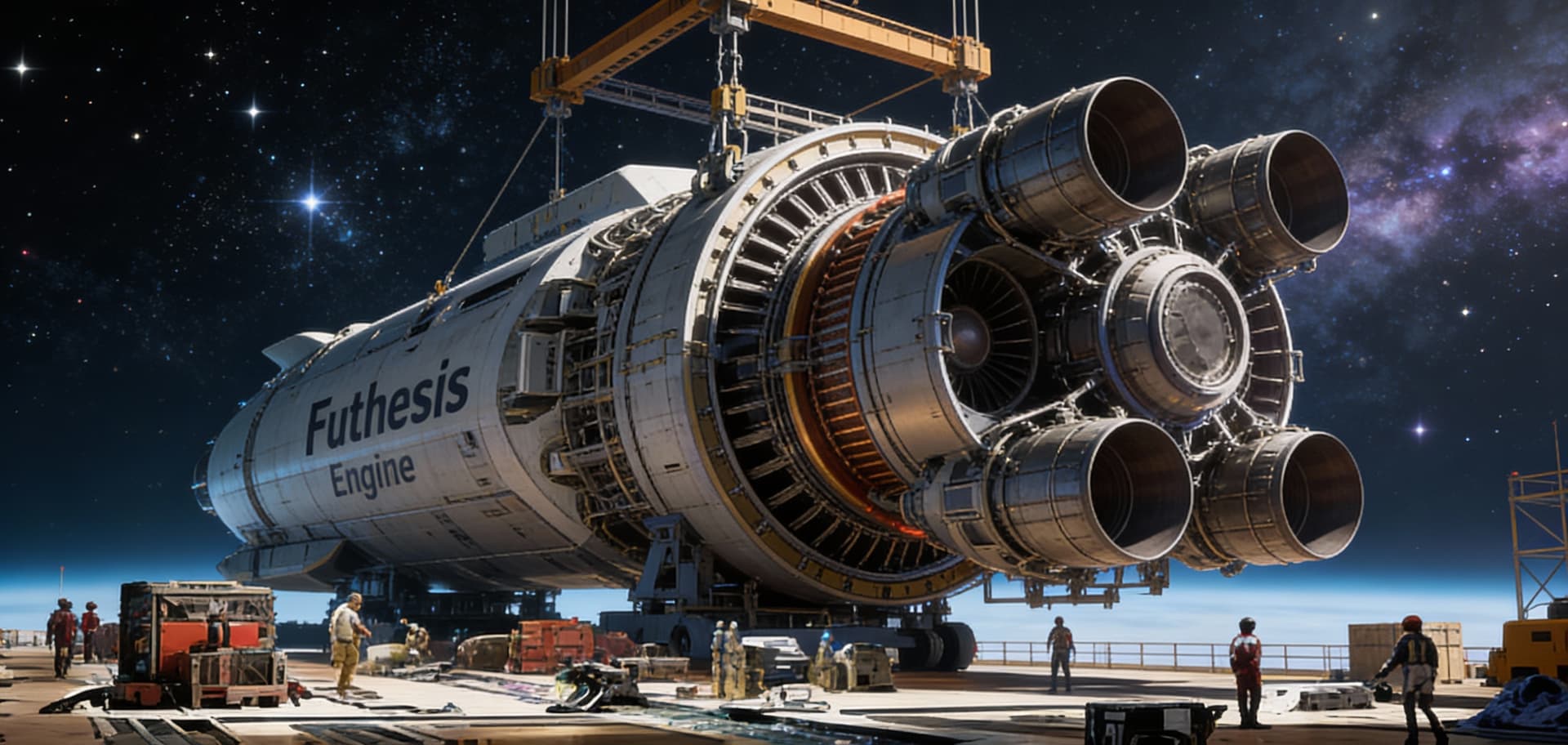 AI generated: Use the Reference Image to reimagine the View of the Futhesis ENGINES installation on any space vess...