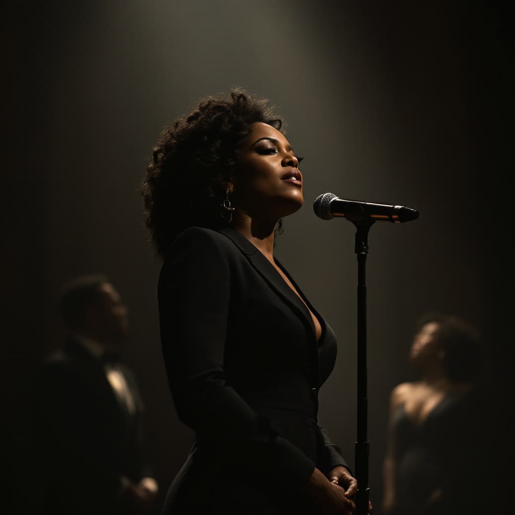 AI generated: A dignified, elegant female singer with dark skin, resembling Whitney Houston, standing on a dimly l...