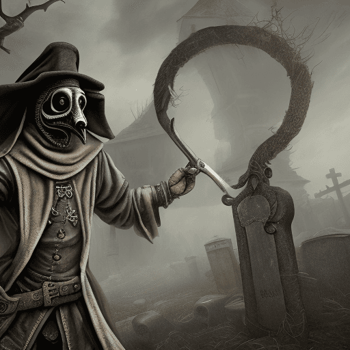 AI generated: 17th century Plague doctor, graveyard, fog, Hat, mask, leather, 6-shooter revolver, highly detailed,...