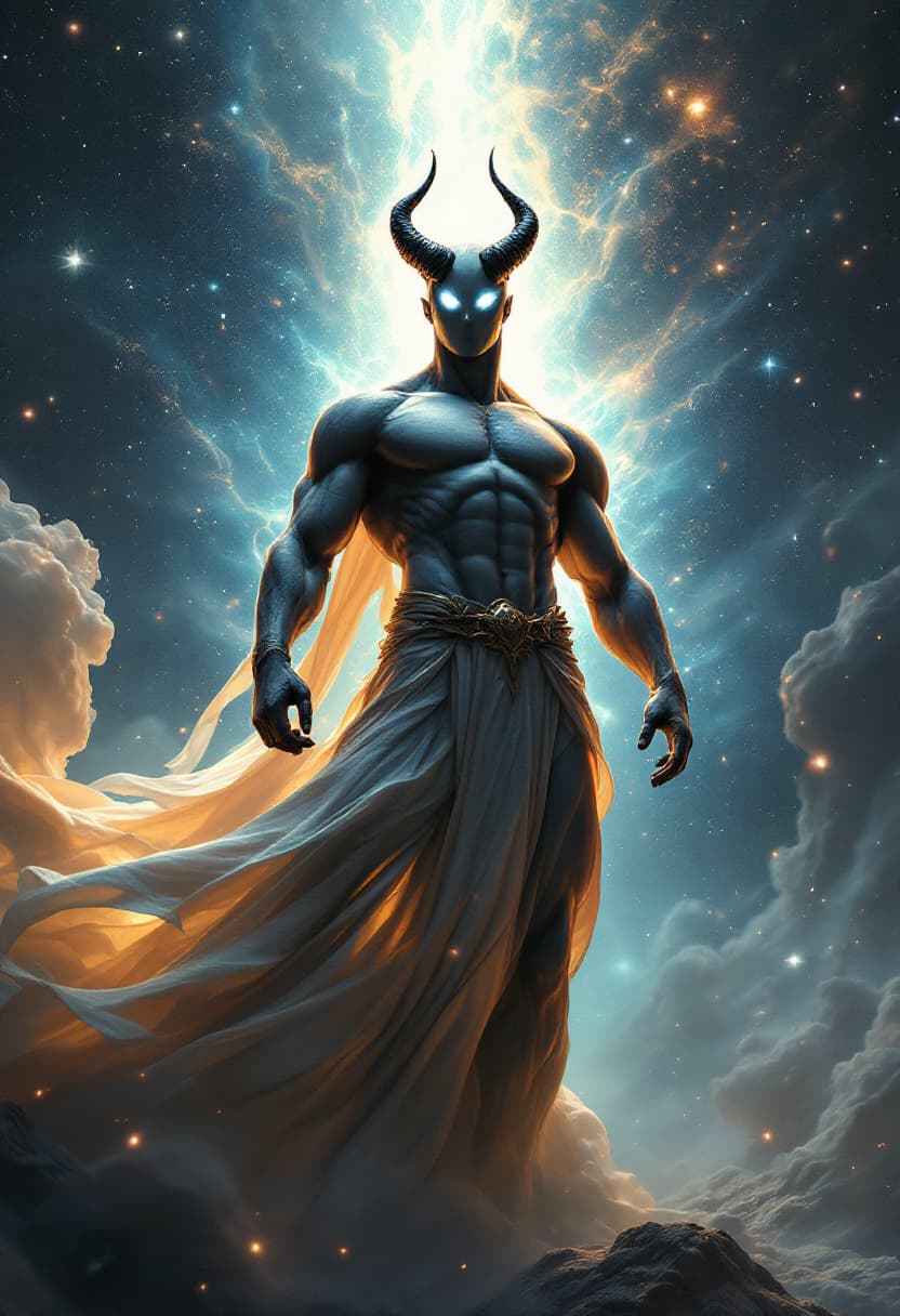 AI generated: God of Health, full-body, Etherial, muscular, No mouth, hair or Beard, Glowing white eyes, epic, cin...