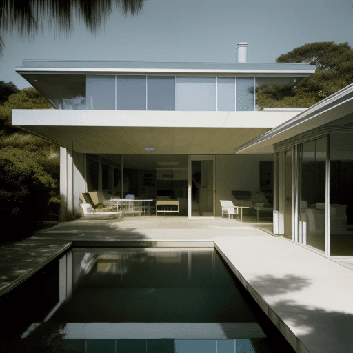 AI generated: Hyper realistic eye level exterior photo of a mid century modern style house overlooking the ocean, ...