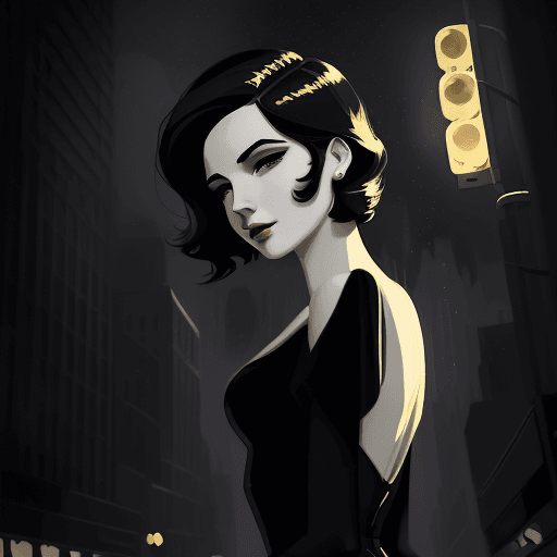 AI generated: NICK GAETANO Art Deco design black and grey buildings small gold ray sun , beautiful art deco woman ...