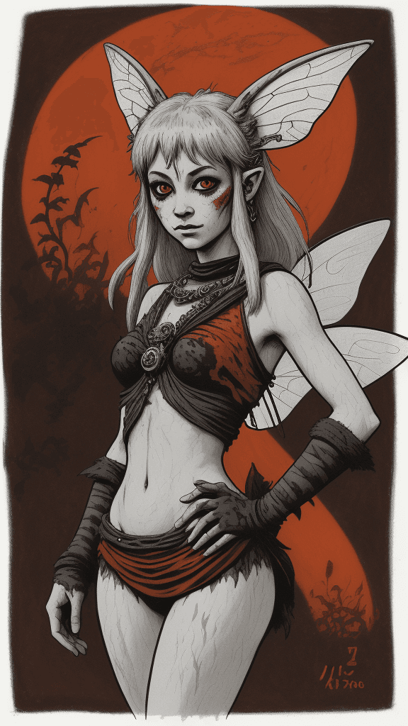 AI generated: a drawing of a fairy, in the style of adventure pulp, dark white and bronze, mottled, yup'ik art, he...