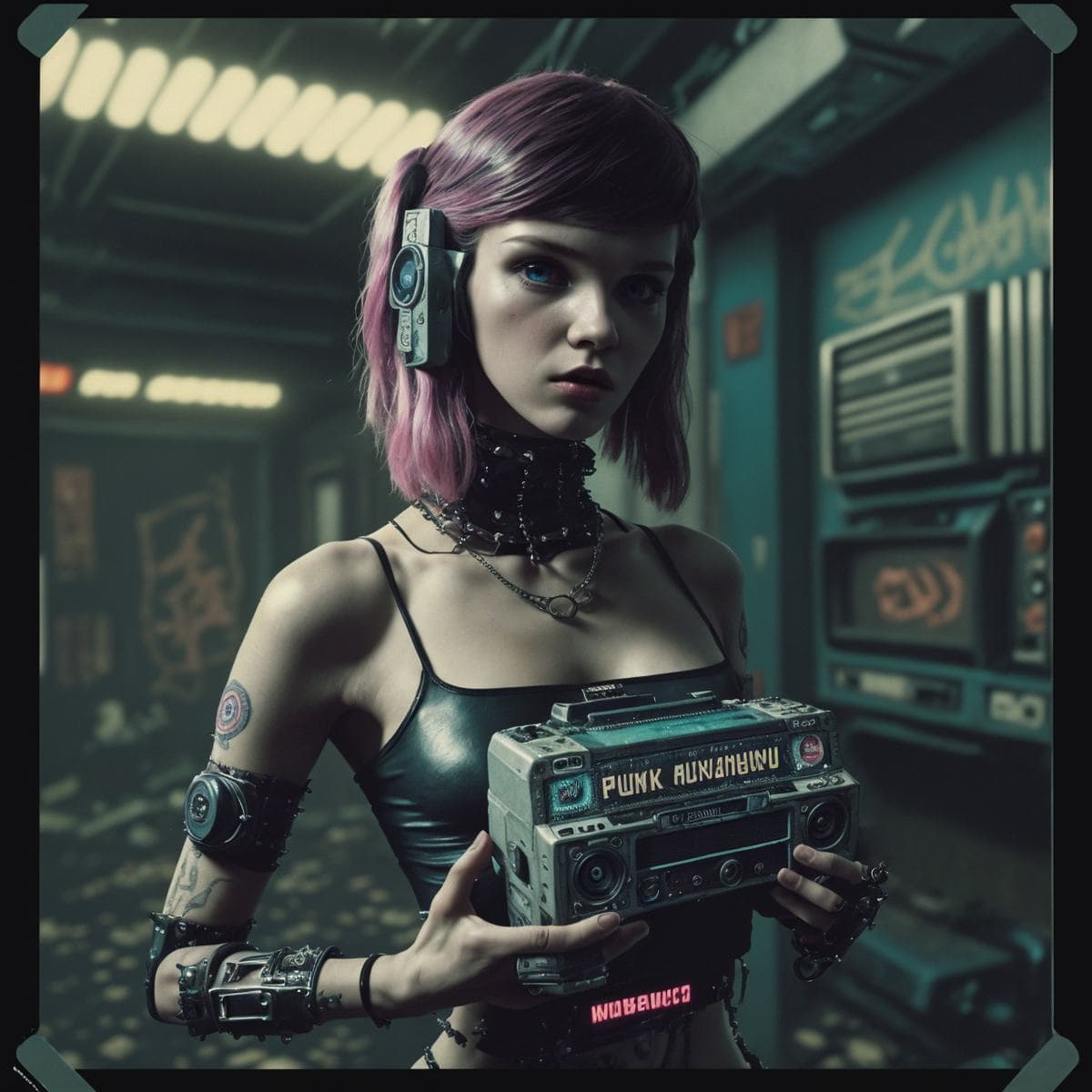 AI generated: (cyberpunk:1.3), (a attractive punk girl holds a computer with a new neural network, an old movie fi...