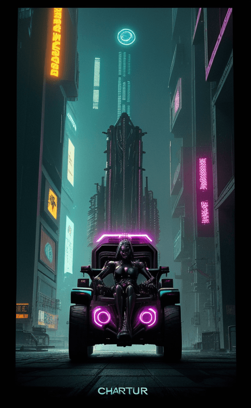 AI generated: Cyberpunk  The Chariot Tarot Card, Words " The Chariot", High Contrast, Neon, Cyberpunk, Futuristic,...