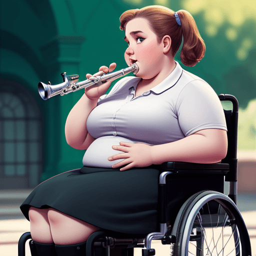 AI generated:  young fat woman, hungarian, playing clarinet, wheelchair, pixar