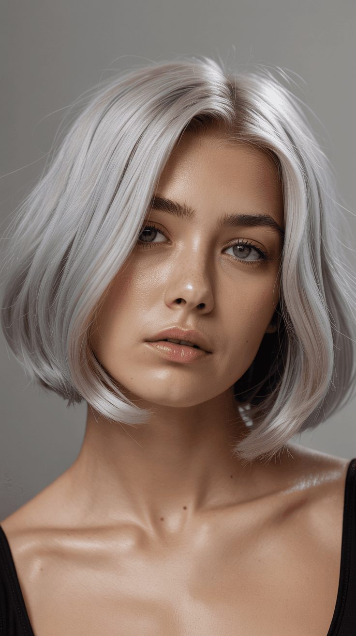 AI generated: hair photography, woman, bob cut hair, silver color, ivory hue background, studio lighting setup, re...