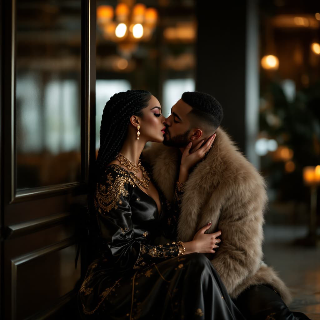 AI generated: cinematic shot, full body shot, A beautiful glamorous rich Asian exquisitely dressed in exquisite sa...
