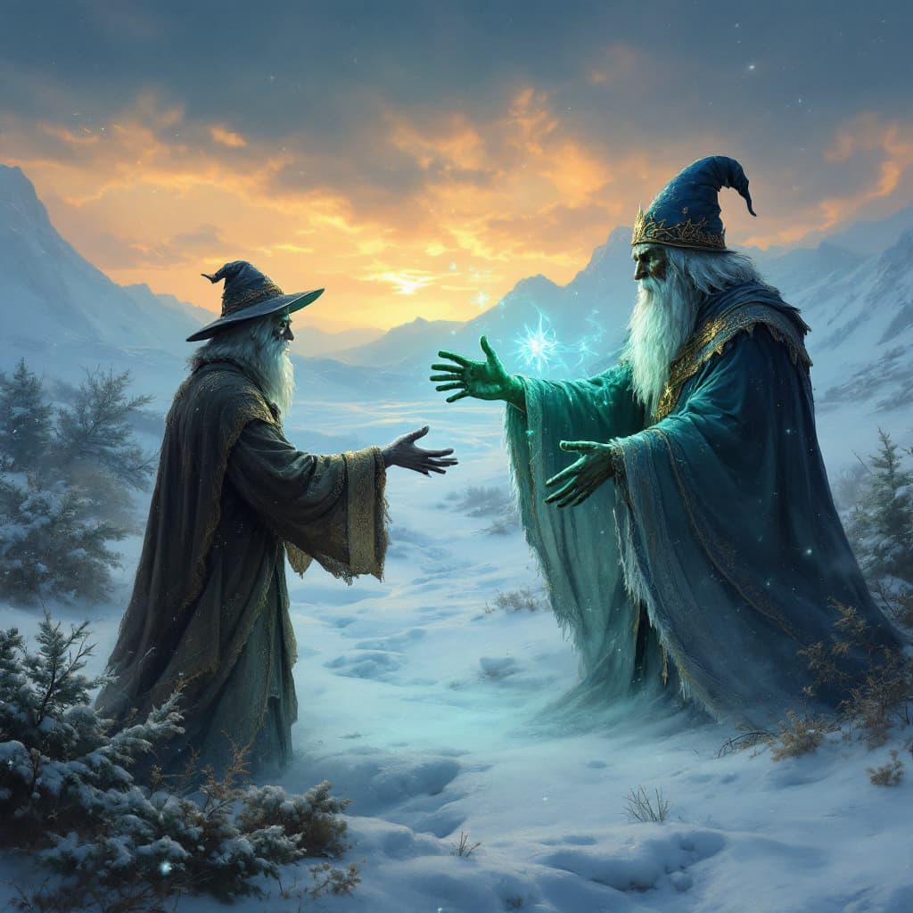 AI generated: a wizard casting a green finger to touch a frozen man