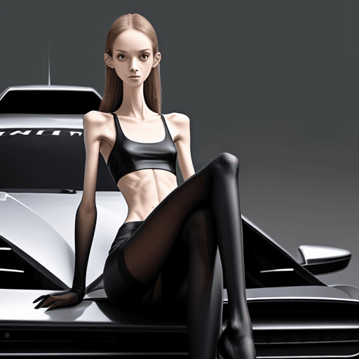 AI generated: a needle-thin anorexic girl with skinny long legs and long skinny calves in high heels with long hoo...