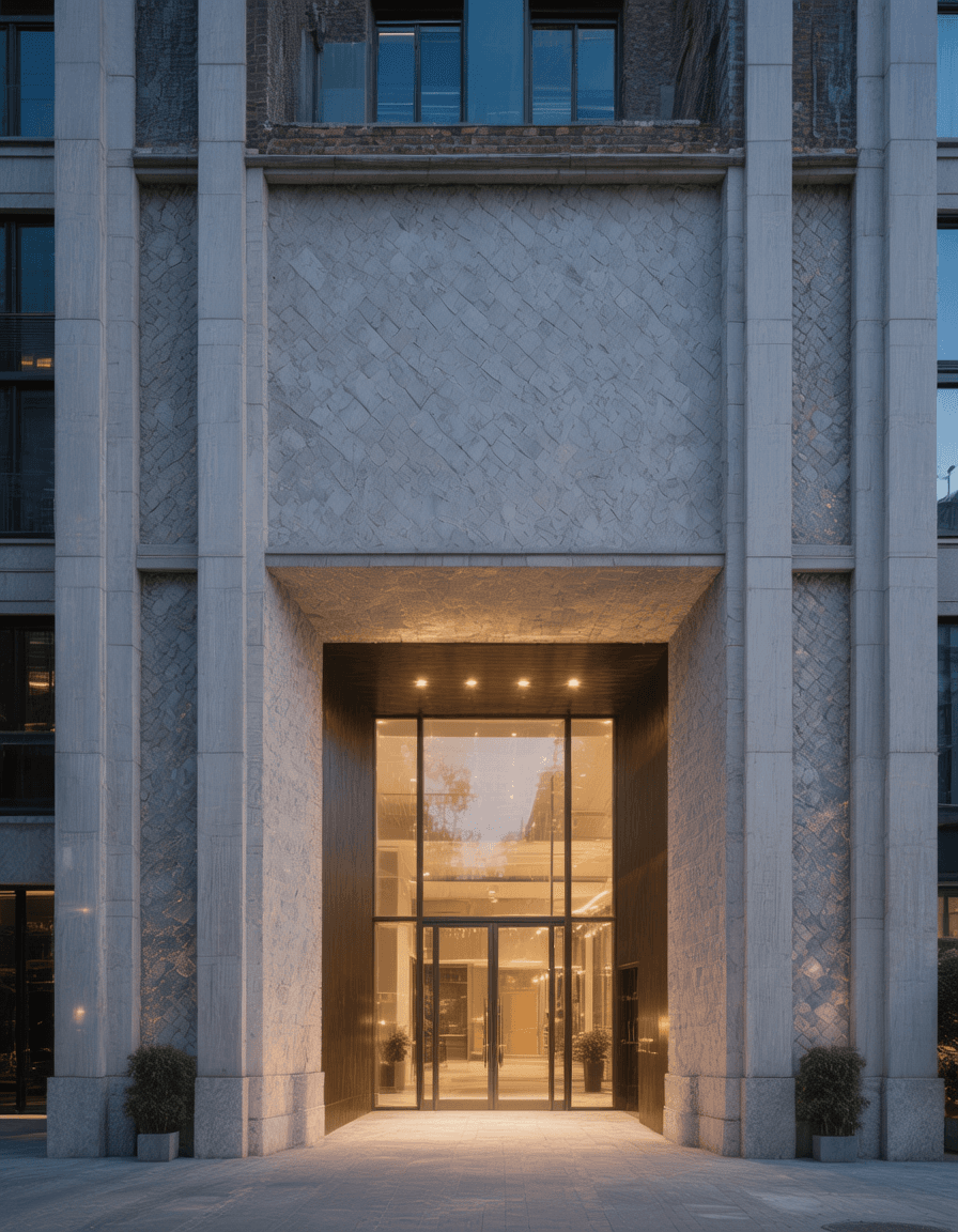 AI generated: Close-up of architectural details, façade textures, evening lighting on the main entrance.