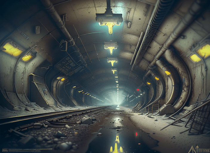 AI generated: painting of a post scenery at metro lowest level, underground, dark, rails, ultra realistic, concept...