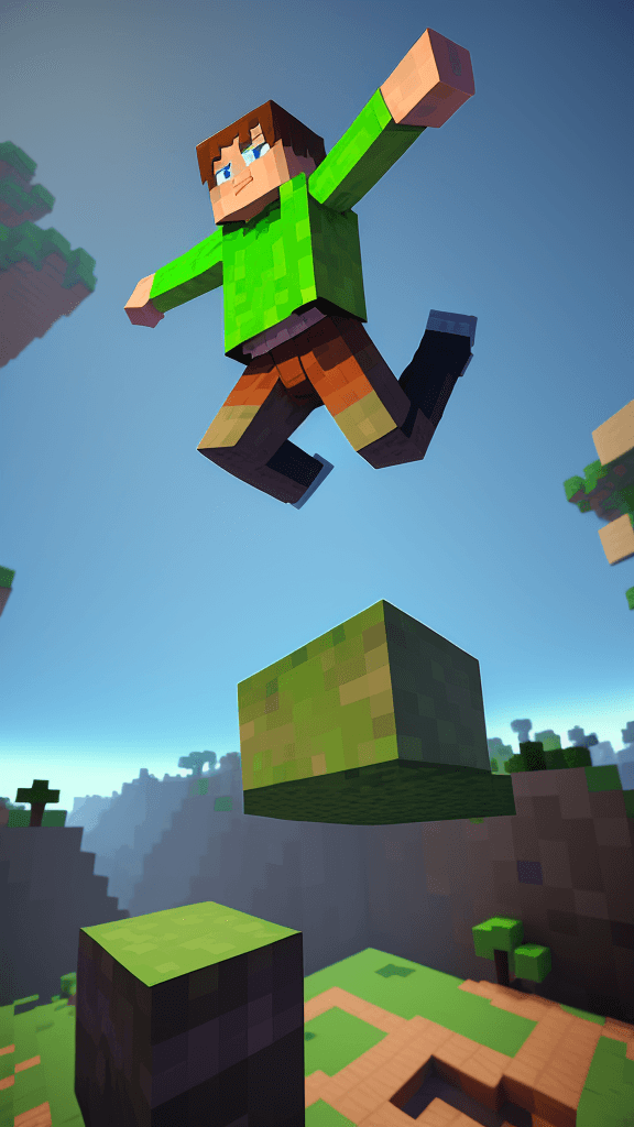 AI generated: 16k srgb 3d minecraft style character boy jumping up in the air, freeze frame caught in the jump, fe...