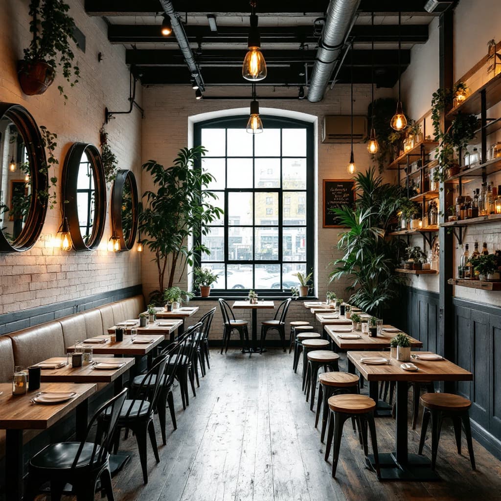 AI generated: The inside image of a small one floor restaurant in New York that serves comfort food. Use wooden ta...