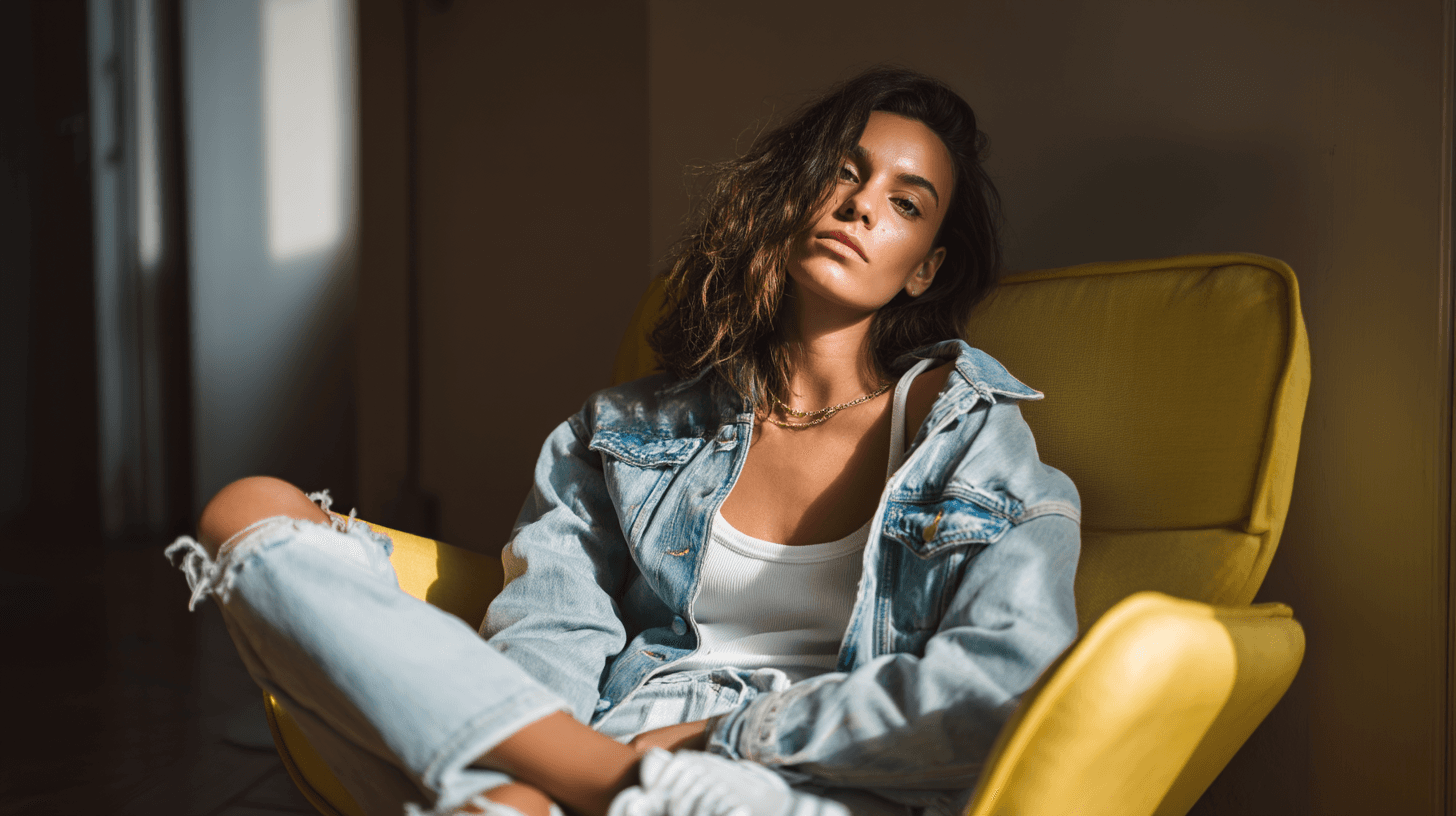 AI generated: portrait of a young italian woman lounging in a yellow designer chair, fashion editorial style, wear...