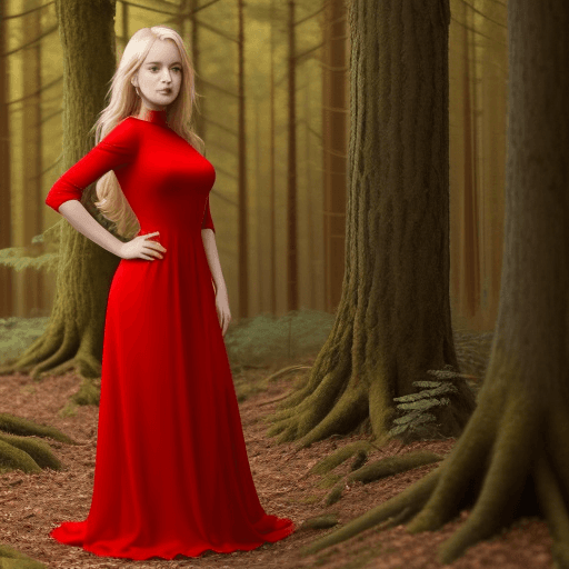 AI generated: A very beautiful blonde girl wearing a red dress in the forest