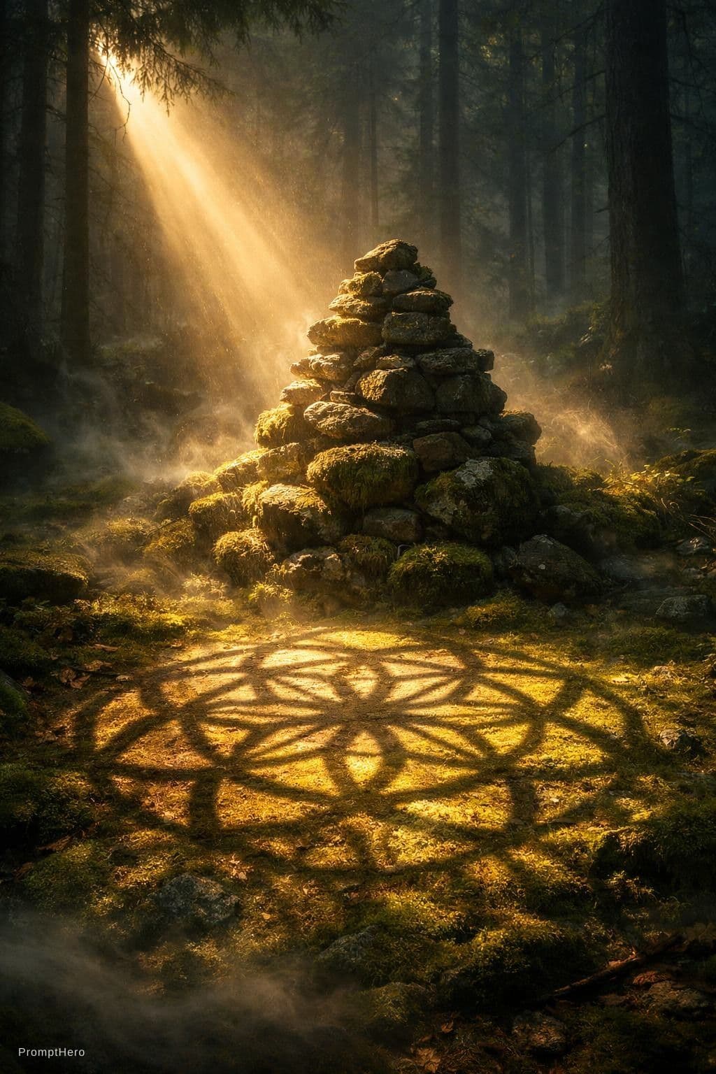 AI generated: Ancient pile of stones in deep forest at dawn, single shaft of warm light breaking through canopy, c...