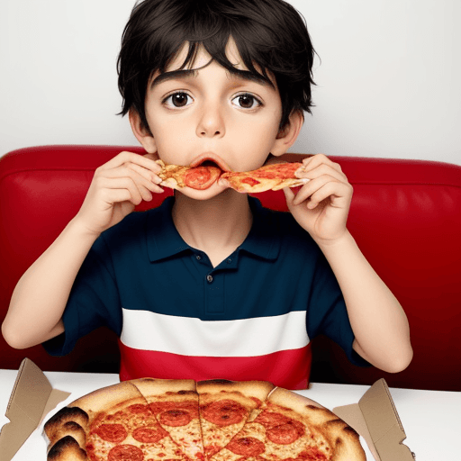 AI generated: a 10 years boy eating pizza , 