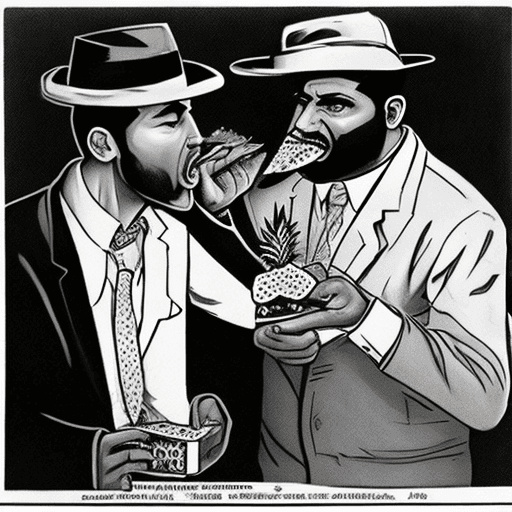 AI generated: journalist photo of two gangsters forcing a men to eat pizza with pineapple on the top