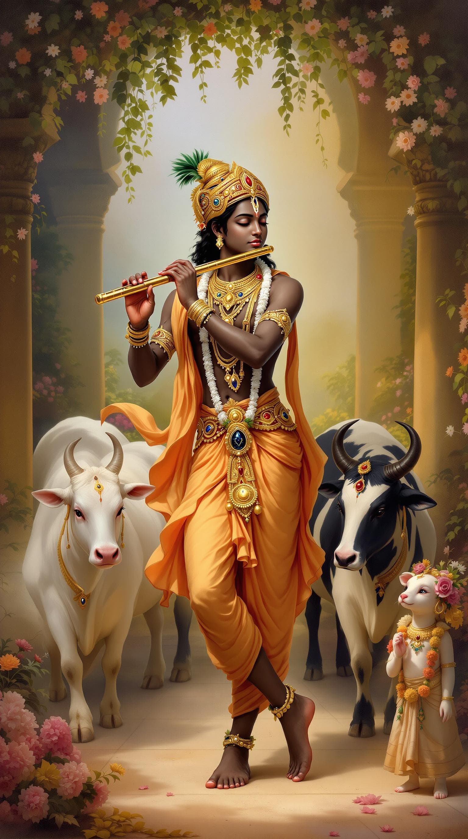 AI generated: IMG_8766.jpg Krishna, a youthful, dark-skinned deity, plays a golden flute.  He is depicted in a ser...