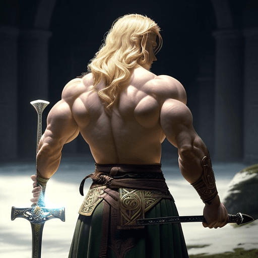 AI generated: a god that have a sword in his hands, blond hairs, muscular, light coming from behind, mystical, cel...