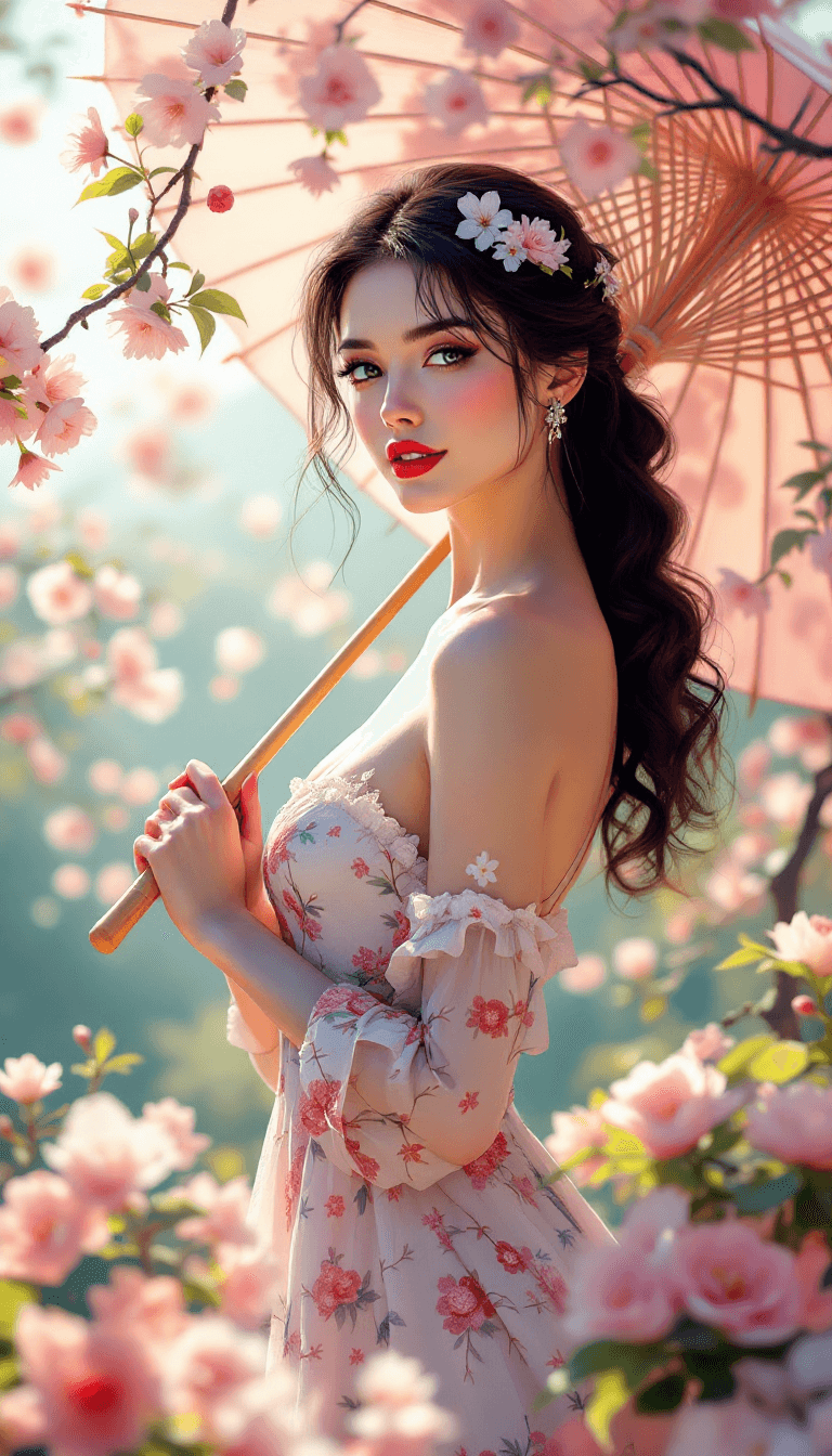 AI generated: A stylized portrayal of a pin-up woman in a spring mini dress, holding a delicate parasol, surrounde...