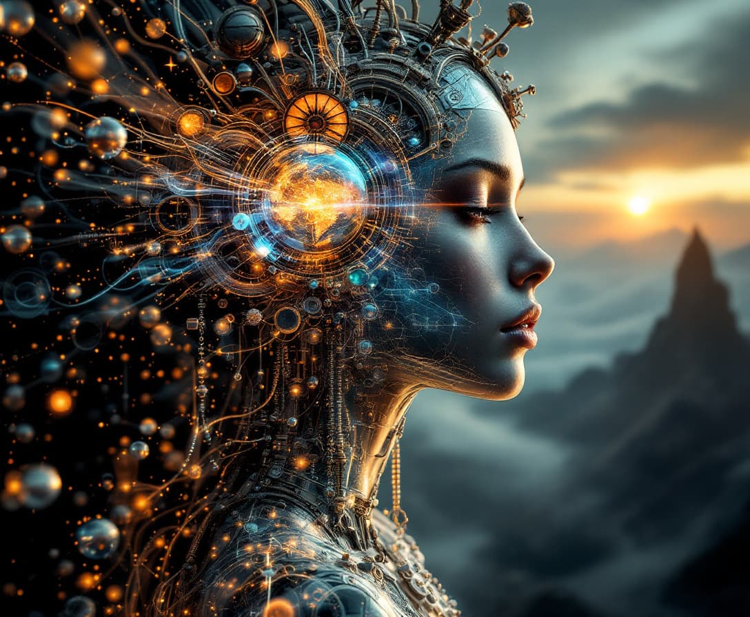 AI generated: Full-length steampunk portrait.  Double exposure Zach-effect spectral X-ray imagery, holographic neo...