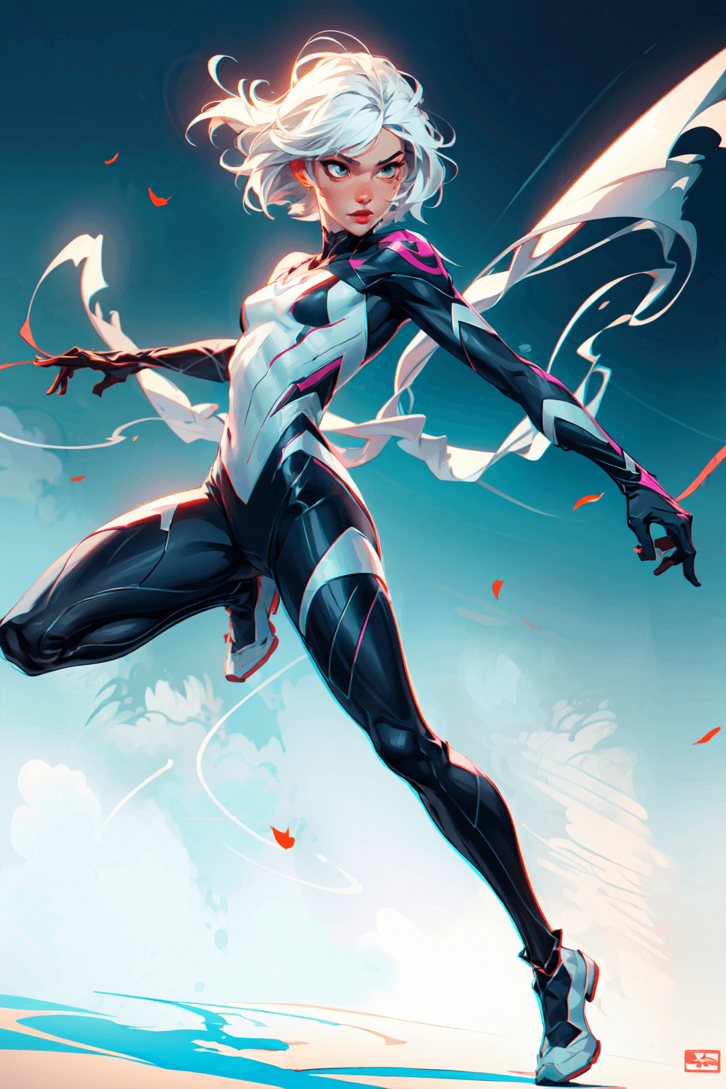 AI generated: (1girl, full body), action scene, dynamic pose, spider gwen, white hair, Cute Loose Bob hairstyle, r...