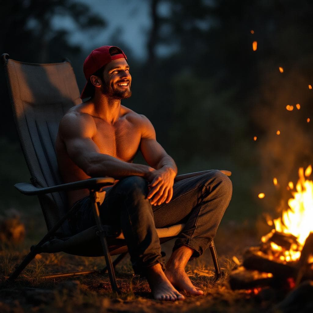 AI generated: Nathan drake, shirtless, muscular, jeans, red backwards baseball hat, bare feet, sitting in lawn cha...