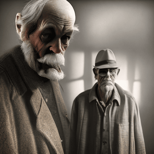 AI generated: Creepy old men, photography, volumetric lighting, hyperrealism, 3d, 8k, backlit, canon F1, 100 mm le...