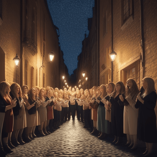 AI generated: a group of singers (men and women) joyfully singing in the middle of a cobblestone road at night in ...