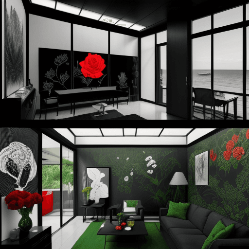 AI generated: Hyper realistic eye level exterior photo of a detailed black stencil of a hand holding a red rose wi...