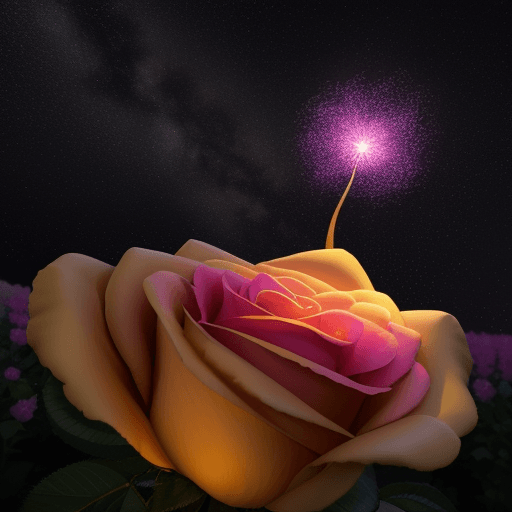 AI generated: rosa negra con aura dorada magica brillante a su alrededor en un campo de flores en la noche