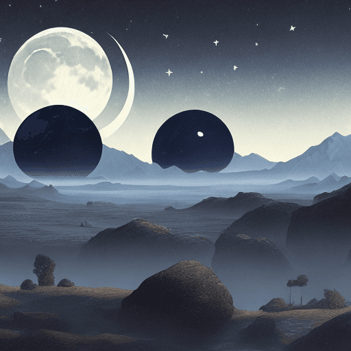 AI generated: a flat fantasy night landscape, two moons in the night sky, one dark blue moon and one shiny moon, i...