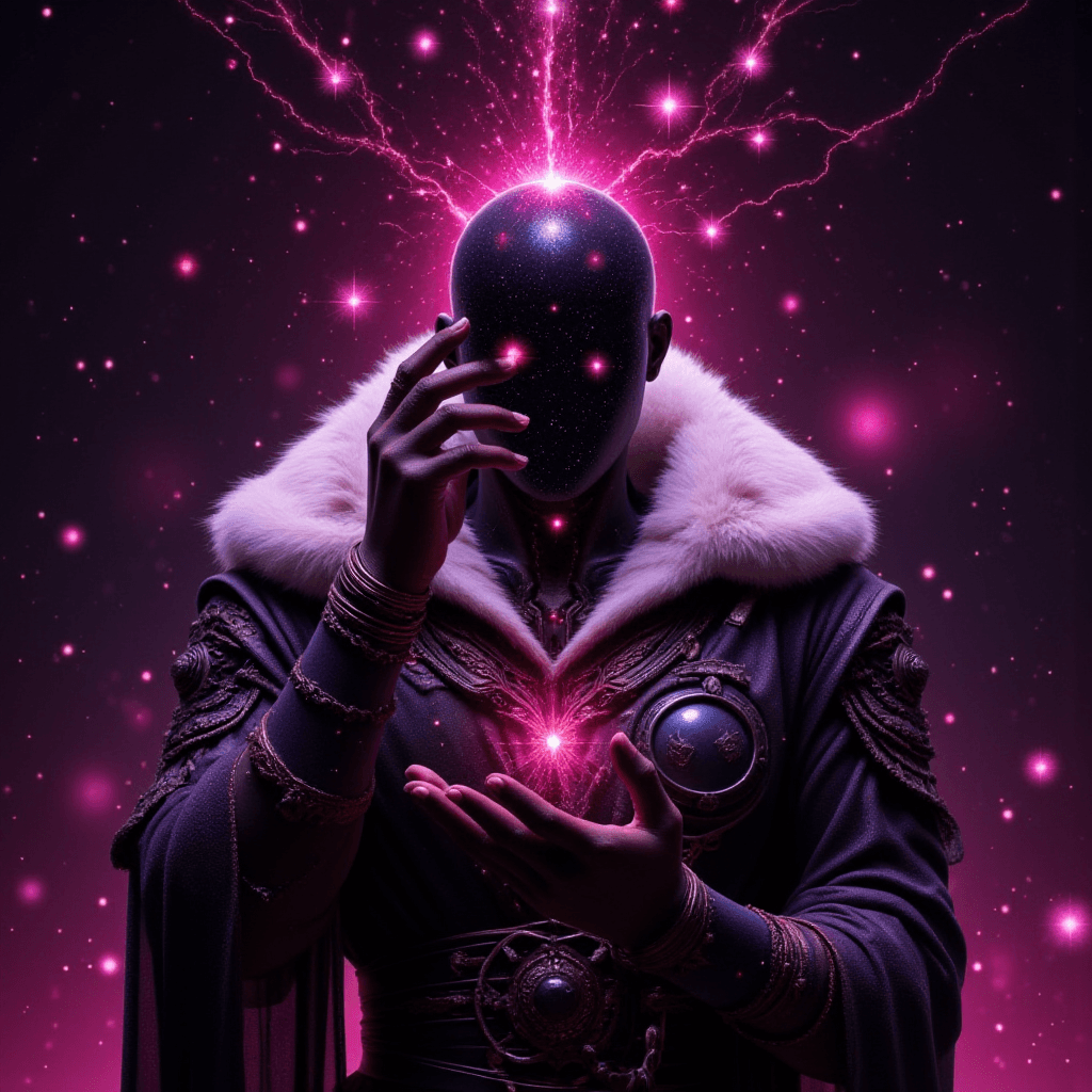 AI generated: This high-quality digital artwork depicts a faceless god, holding up his hand to his face, holding t...