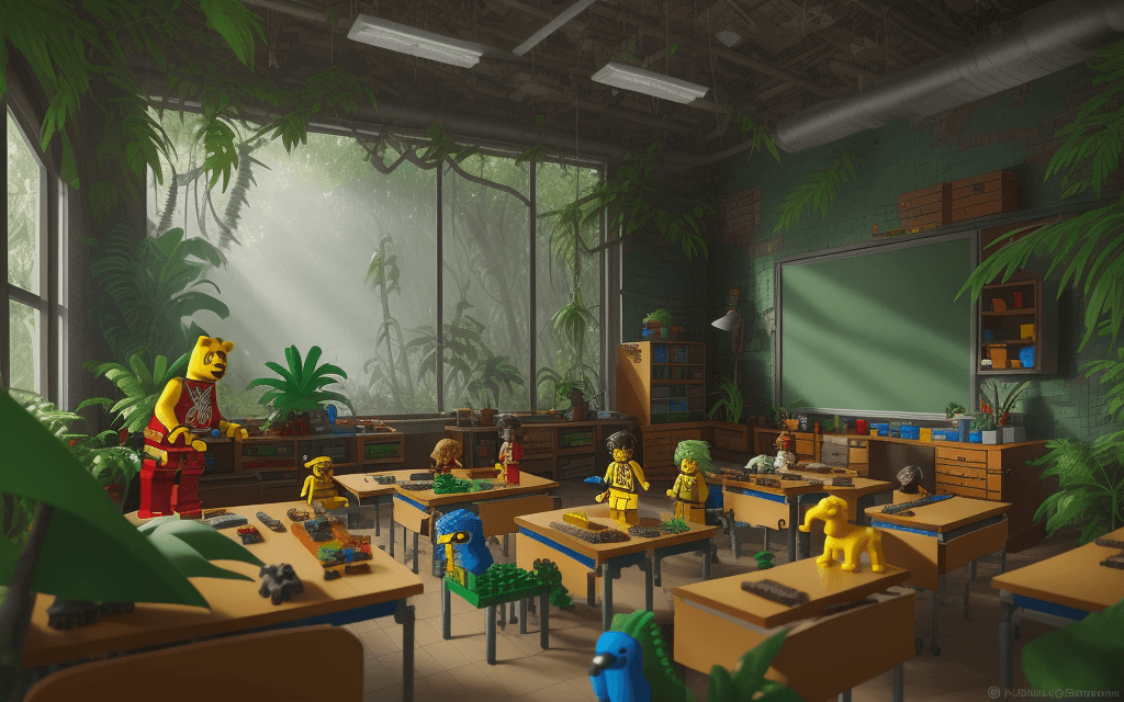 AI generated: old classroom in jungle with lego ,lego animals in that classroom , 8k
