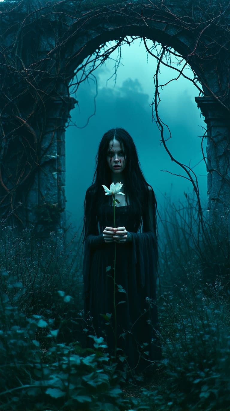 AI generated: A close-up of Eve standing amidst a field of thorny bushes, holding a single wilted flower in her ha...