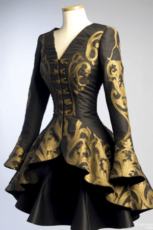 AI generated: Tilted frame of a black and gold brocade jacket, baroque design, features embroidered accents and a ...