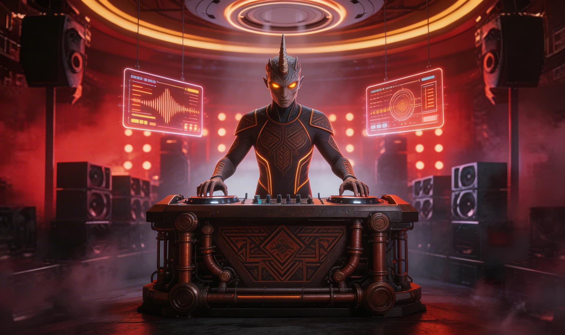 AI generated: Futuristic TAGG DJ command booth inside alien nightclub, massive elevated armored metallic platform ...