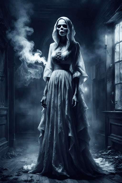 AI generated: Photorealistic art masterpiece, scary smoking ghost  in gothic style  in a old abandoned villa , sca...