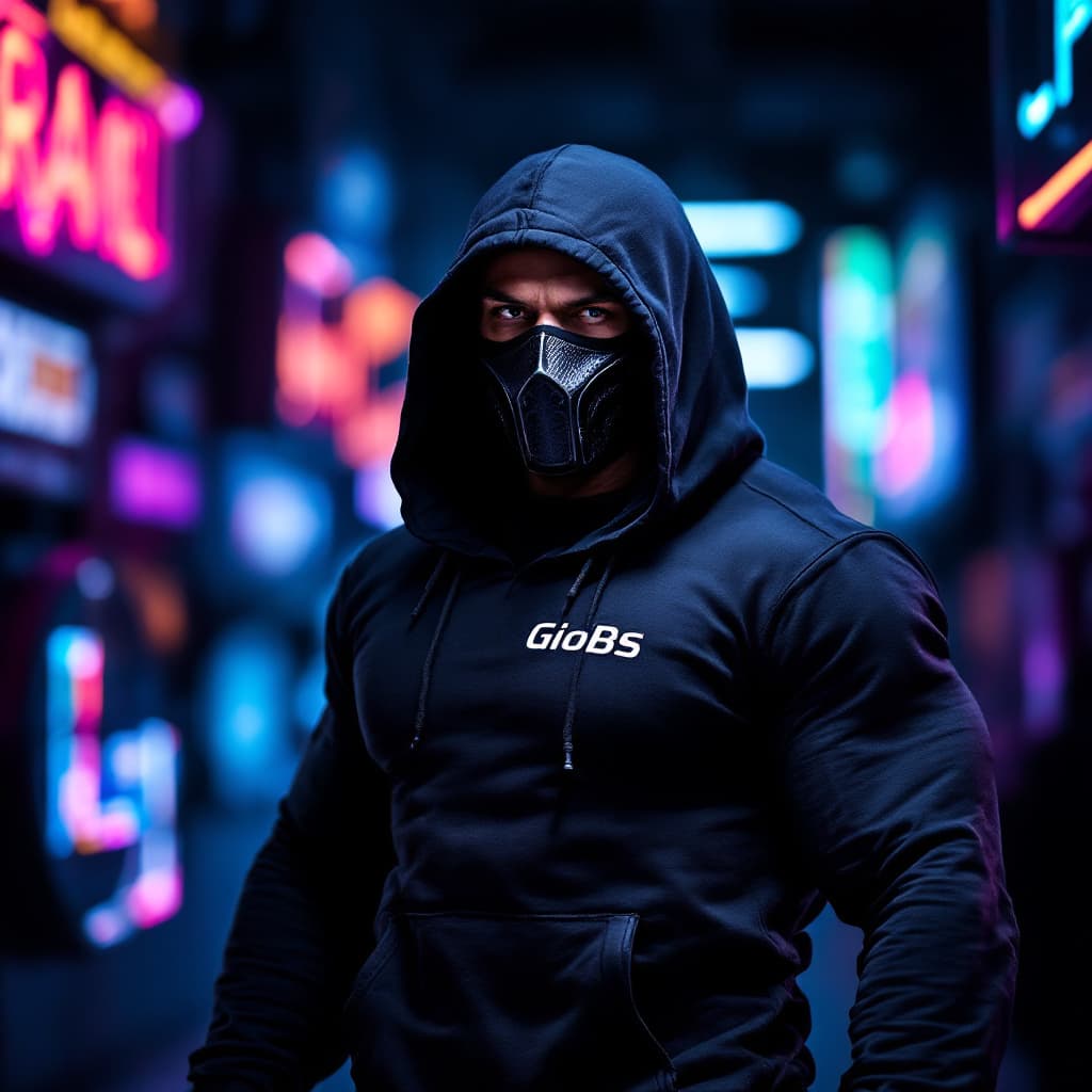 AI generated: dark with RGB neon lights signs background,muscle man wearing tight hoody, with a carbon fiber mask,...