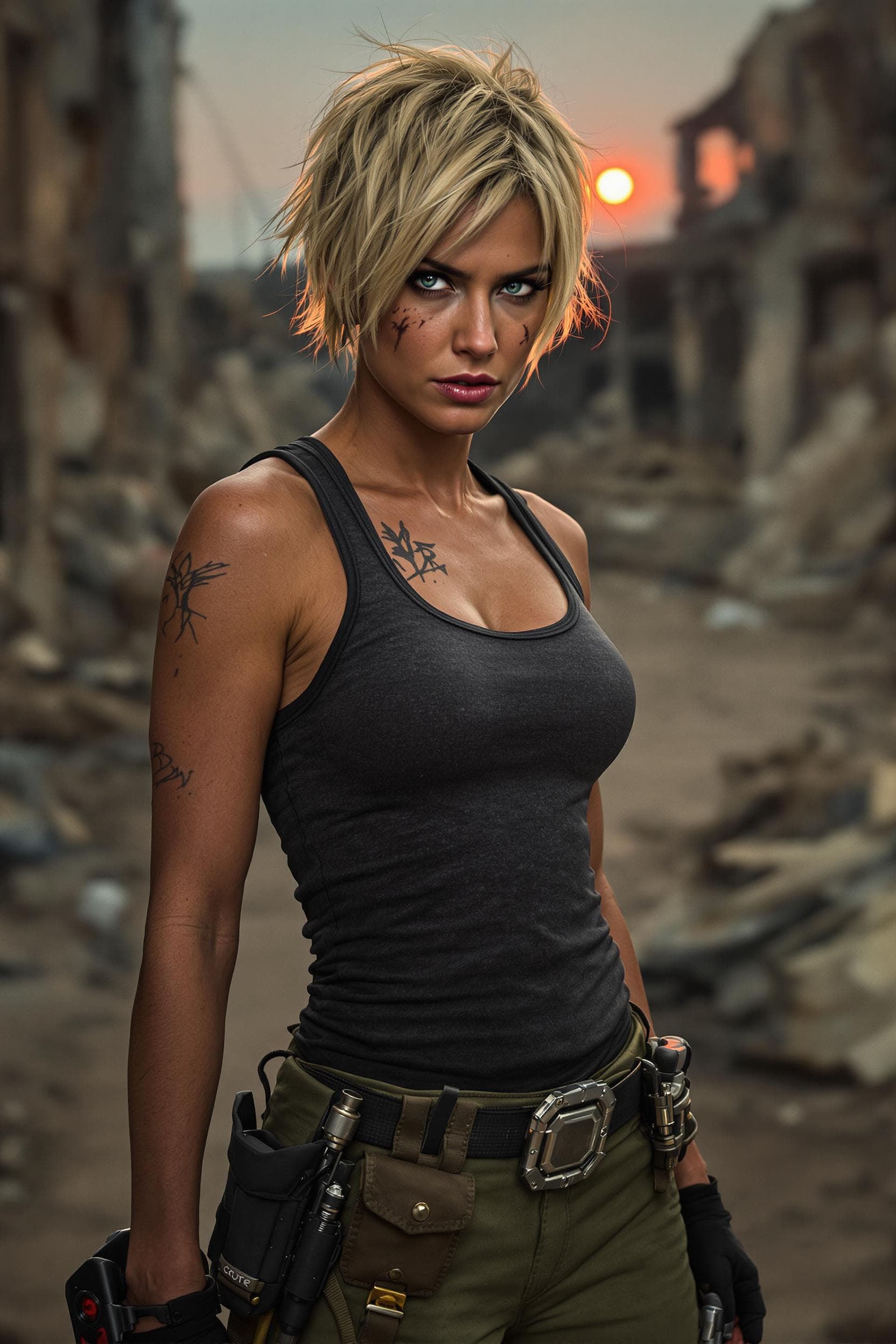 AI generated: A fiercely determined woman with a rugged yet striking appearance, her short, tousled blonde hair st...